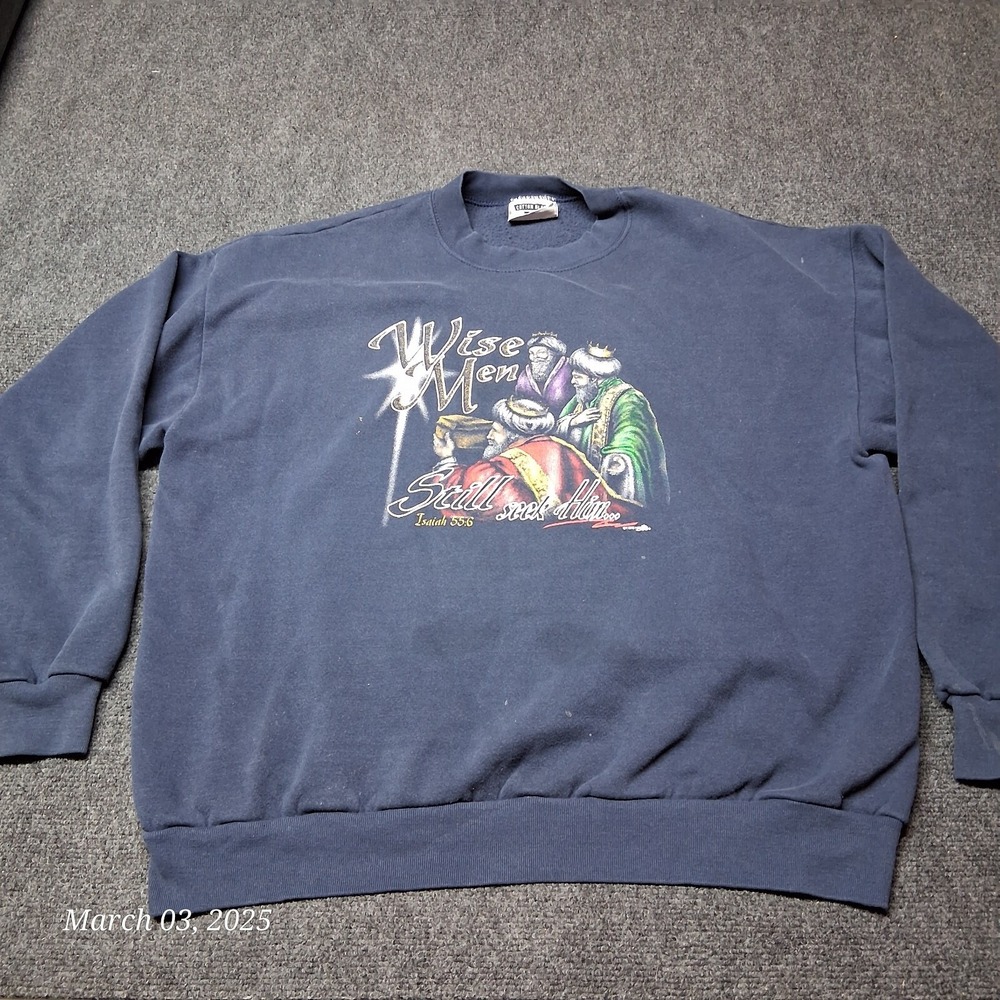 Vintage LEE‎ Wise Men Relgion Sweatshirt Adult Size XL Blue Crewneck Isaiah 55:6